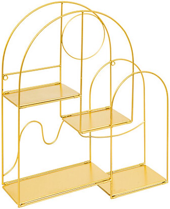 Gouden metalen wandrek met ongelijke planken in geometrische en gebogen vormen.