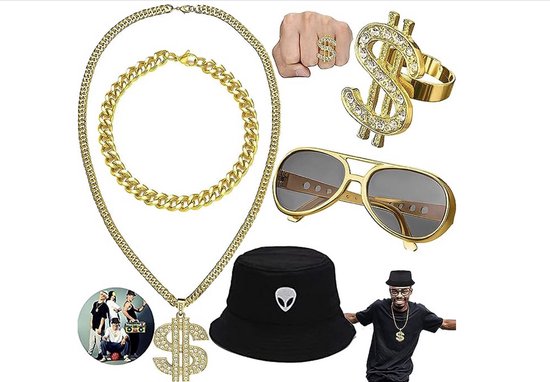 Weiclianhp Costume Hip-Hop 4 Pièces – Collier Pendentif Dollar, Bague, Bracelet, Lunettes – Style Années 80-90 – Accessoires Rappeur Pour Halloween, Fête Déguisée