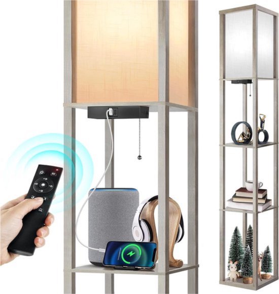 OUTONLIFE Vloerlamp met Tafel & Plank, Dimbare LED Stalamp met Afstandsbediening, 3 Kleurtemperaturen, Nachtkastje met Oplaadfunctie en Opbergruimte, Houten Bijzettafel voor Slaapkamer en Kantoor