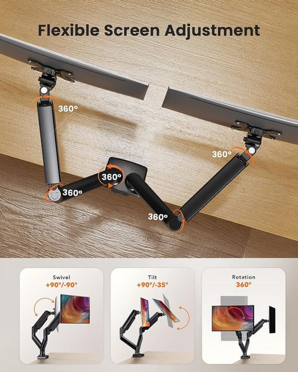 Sounix Dubbele Monitor arm - Tot 2x9kg - Monitor Beugel voor 13-32 Inch - Verstelbaar - Universeel - Zwart thumbnail 3