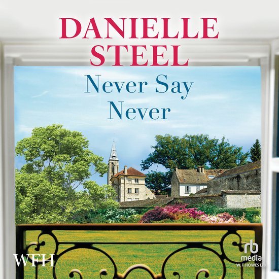 Boekomslag van "Never Say Never" door Danielle Steel, met een schilderachtig Frans dorpje op de achtergrond.