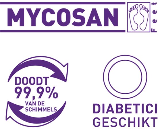 Logo Mycosan met voeten, tekst: doodt 99,9% van de schimmels, en 'Diabetici geschikt'.