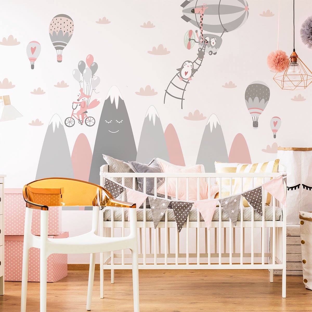 Kinderstickers met Scandinavische bergen en grappige dieren, 70 x 105 cm