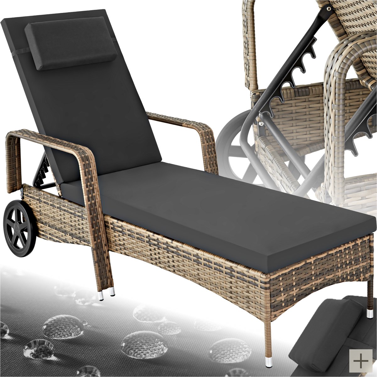 Bol.com tectake® - Wicker ligbed met compact rubberen wielen en armleuningen - Rugleuning verstelbaar in 6 standen - Incl. lig- ... aanbieding