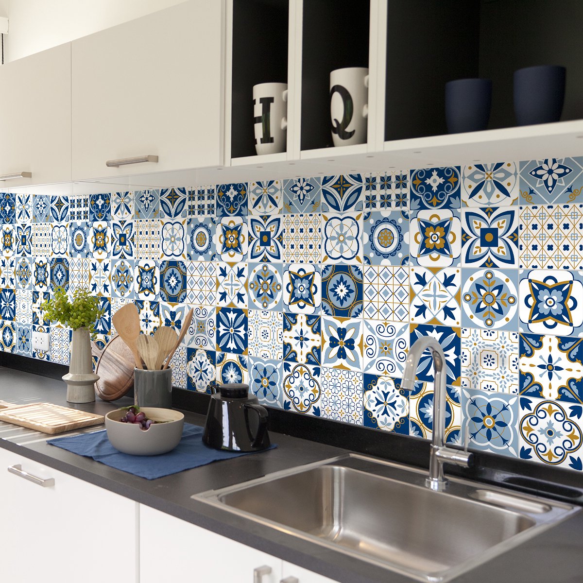 Ambiance Sticker Zelfklevende tegelmuurstickers voor keuken en badkamer - 30 cementtegelstickers, Azulejos Franka - 30 stickers, 15x15cm Multi color