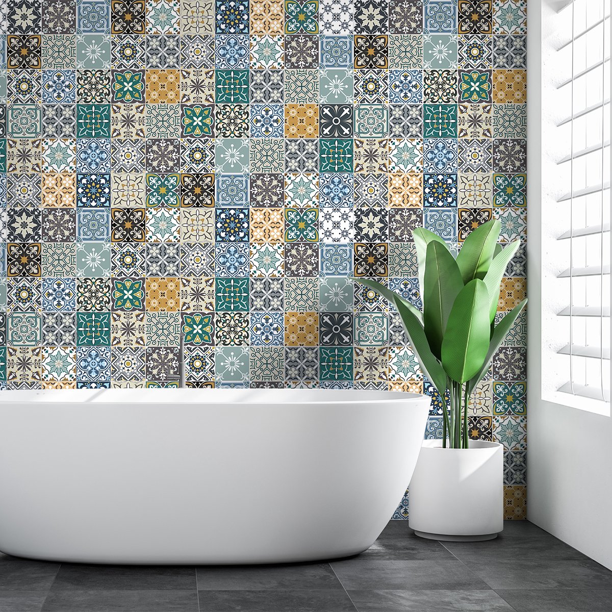 Ambiance Sticker Zelfklevende muurstickers in de vorm van cementtegels voor keuken en badkamer - 60 Azulejos Favignio cementtegelstickers - 60 stickers, 20x20cm Multi color