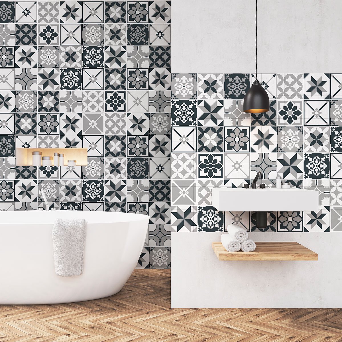 Ambiance Sticker Zelfklevende tegelmuurstickers voor keuken en badkamer - 60 natuurlijke Azulejos cementtegelstickers - 60 stickers 20x20cm Multi color