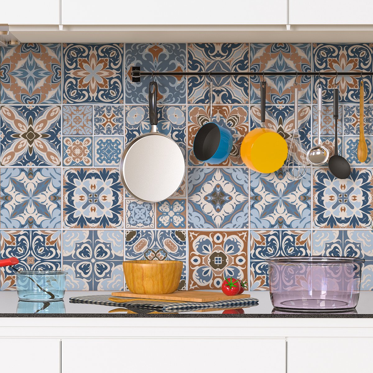 Ambiance Sticker Zelfklevende tegelmuurstickers voor keuken en badkamer - 24 cementtegelstickers, Albano-stijl - 24 stickers, 15x15 cm Multi color