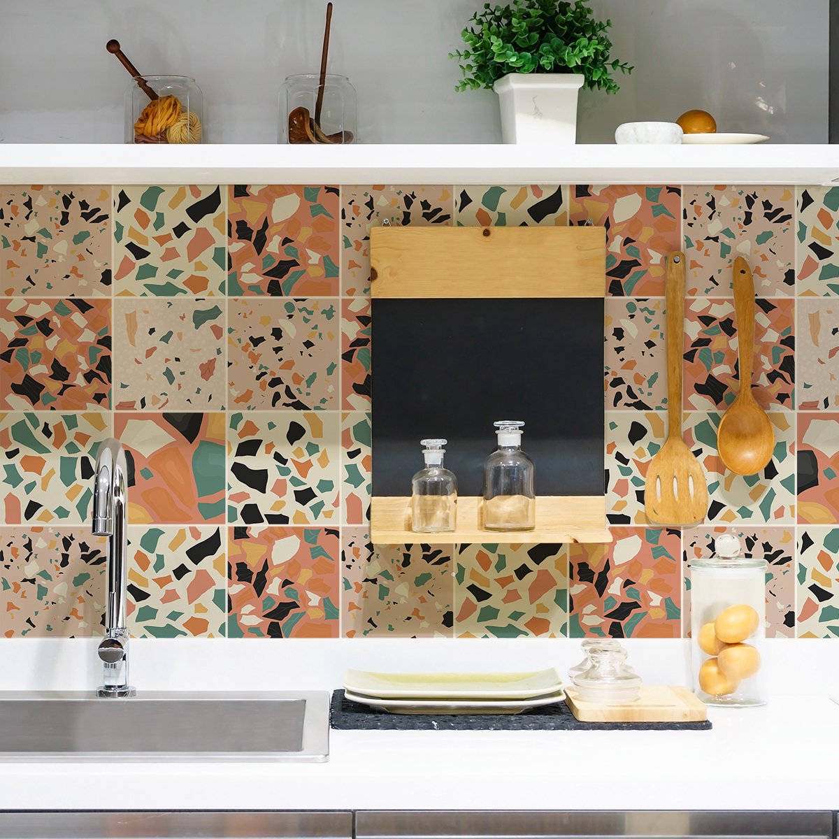 Ambiance Sticker Zelfklevende tegelmuurstickers voor keuken en badkamer - 9 ZUNILDA Terrazzo tegelstickers - 9 stickers 10x10cm Multi color