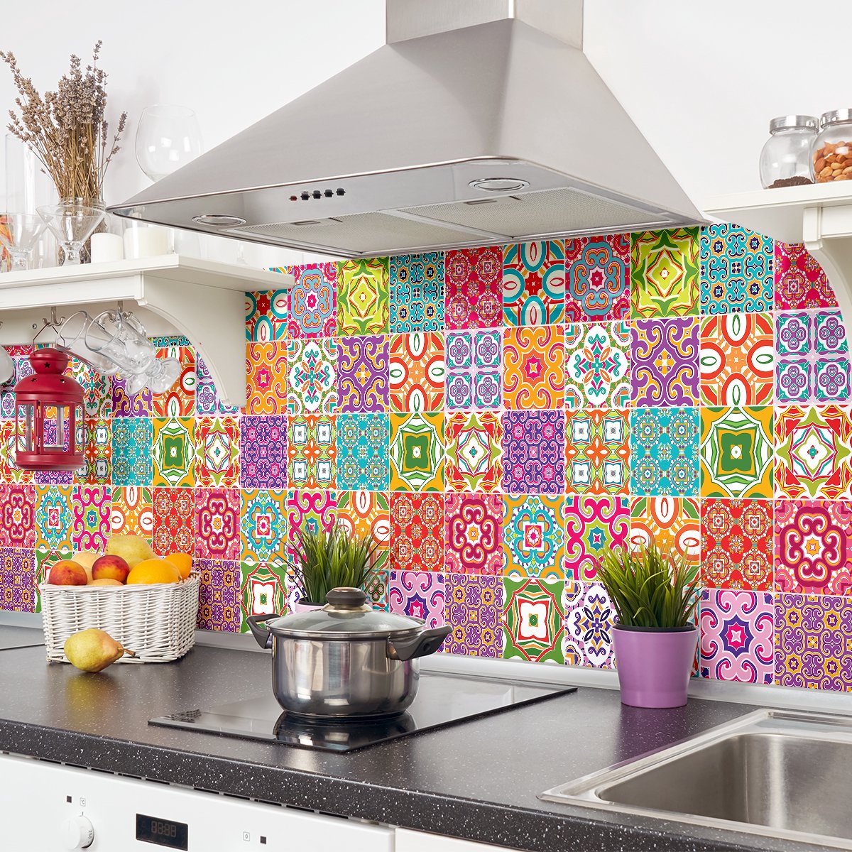 Ambiance Sticker Zelfklevende tegelmuurstickers voor keuken en badkamer - 30 cementtegelstickers (Azulejos Relina) - 30 stickers, 15x15cm Multi color