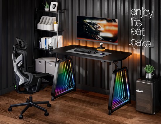 UNIEK Gamingbureau met LED | 136x60x75 | Cup en Headsethouder | Lightning Control | Stevige Basis | Smooth Tafelblad | Futuristische Gaming-sfeer creëren? Stralex Storm Infinity Gaming Desk | Verstelbaar met LED | Cup en Headsethouder