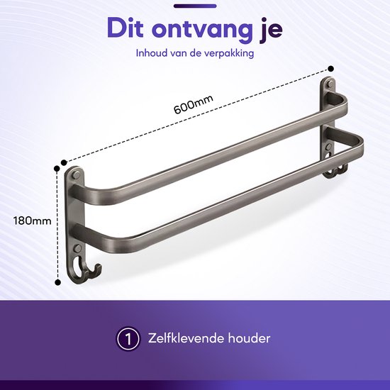 JDK - Porte-serviettes 2 pièces - Porte-serviettes de bain autocollant Salle de bain - Support mural 60 cm - Grijs