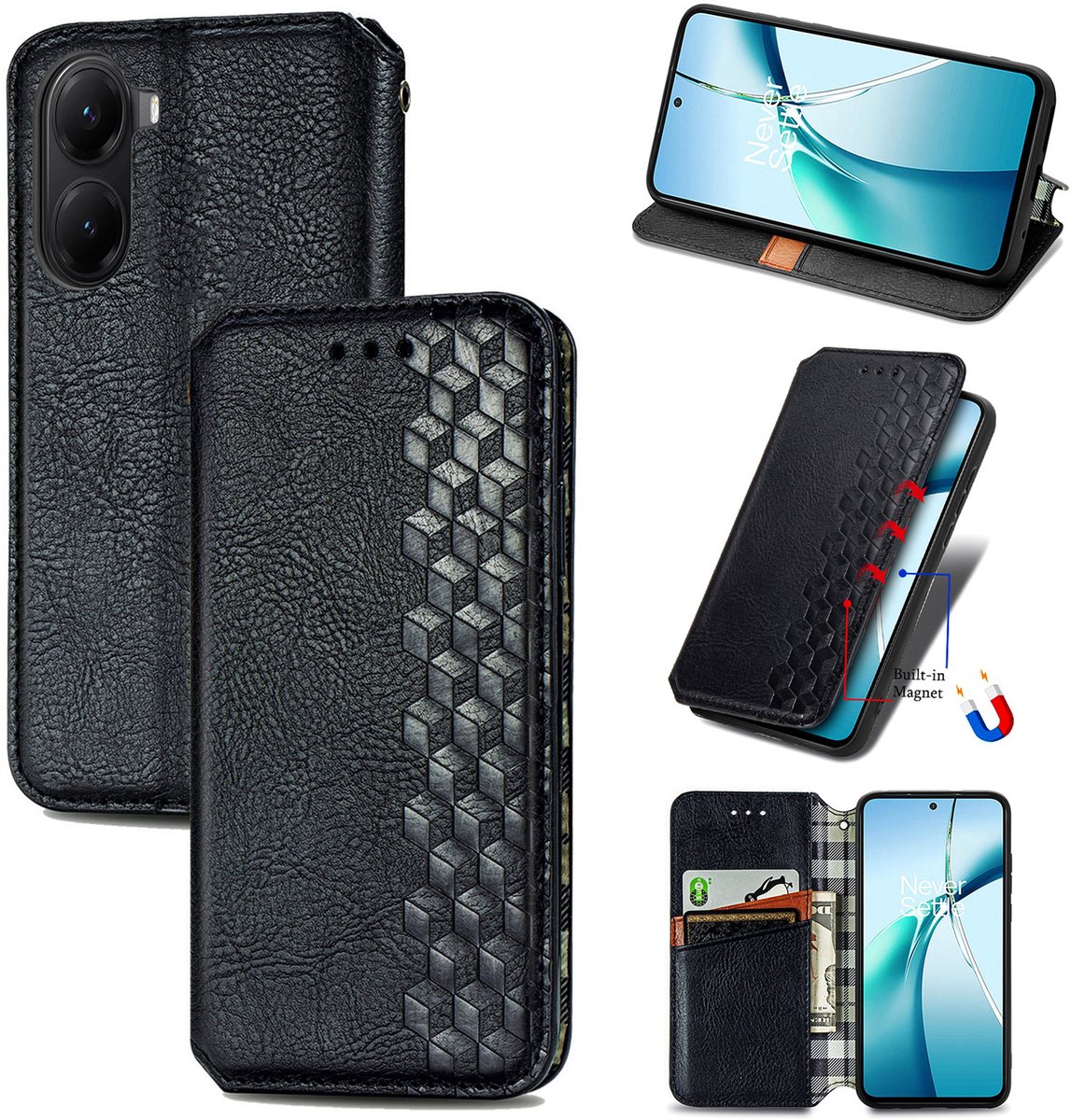 Luxe PU Lederen Ruitpatroon Wallet Case + Screenprotector voor Xiaomi Poco X7 Pro _ Zwart