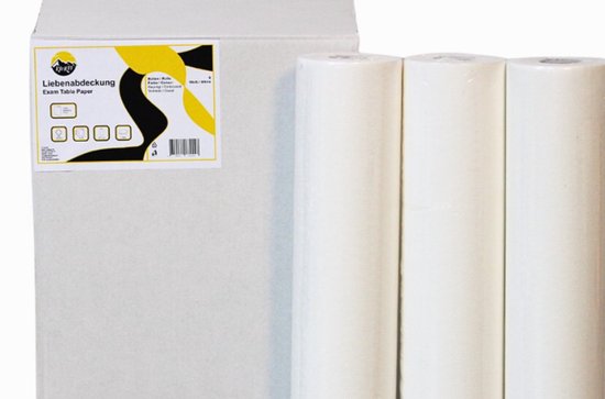 Doos met 3 rollen wit onderzoekstafelpapier van Kurtt, met een geperforeerde rand.