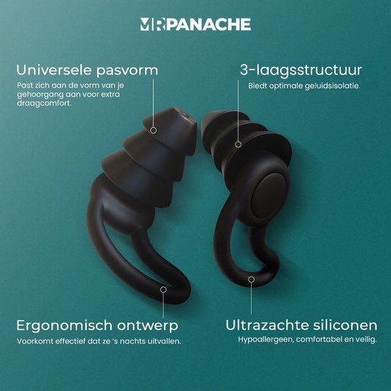Zwarte MR. PANACHE oordopjes met universele pasvorm, 3-laagsstructuur, ergonomisch ontwerp en ultrasachte siliconen.
