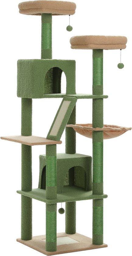 Hoge groene kattenboom met bruine accenten, platforms en meerdere holletjes.