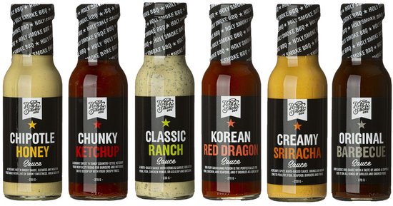 Holy Smoke BBQ - Sauce 6-pack - Mix set - Originaliteit BBQ Sauce - Red Dragon Sauce - Classic Range - Chipolte Honey - Creamy Sriracha - Chunky Ketchup