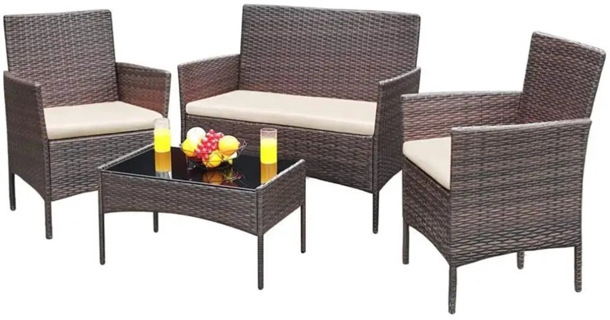 Gran Vida® - Tuinmeubelset - Weerbestendig Polyrotan - Inclusief Kussens - Tafel met Veiligheidsglas - Voor Tuin, Balkon & Terras