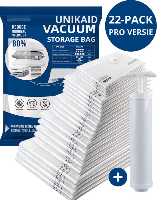 UNIKAID Vacuumzakken Kleding & Dekbedden - 23 Stuks / 5 Maten - Vacuum Opbergzakken Incl. Handpomp