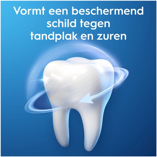 Illustratie van een tand die beschermd wordt door een glinsterend schild, met pijlen die bescherming aangeven. Tekst: Vormt een beschermend schild tegen tandplak en zuren.