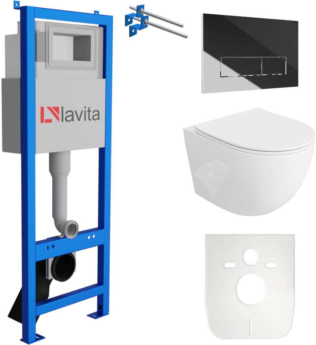 LAVITA® Inbouwreservoir Complete Toiletset LAV 101 - Inbouw WC Hangtoilet Wandcloset SINTO Wit Hoogglans - Bedieningsplaat 200.3.2 Chroom - Voorwandelement voor toilet 40cm - Installatiesysteem