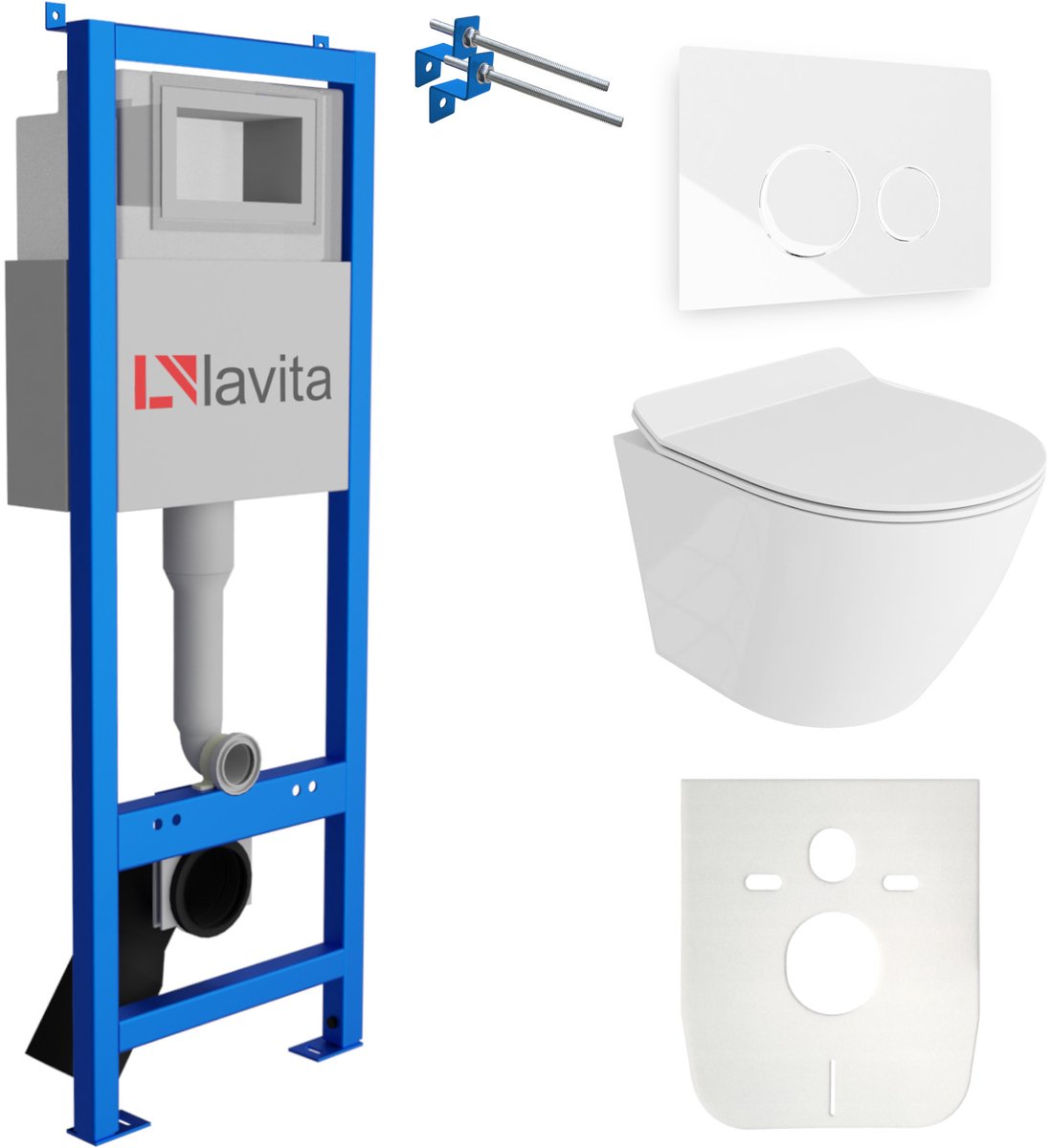 LAVITA® Inbouwreservoir Complete Toiletset LAV 101 - Inbouw WC Hangtoilet Wandcloset SOGO SLIM Wit Hoogglans - Bedieningsplaat 200.4.1 Wit - Voorwandelement voor toilet 40cm - Installatiesysteem