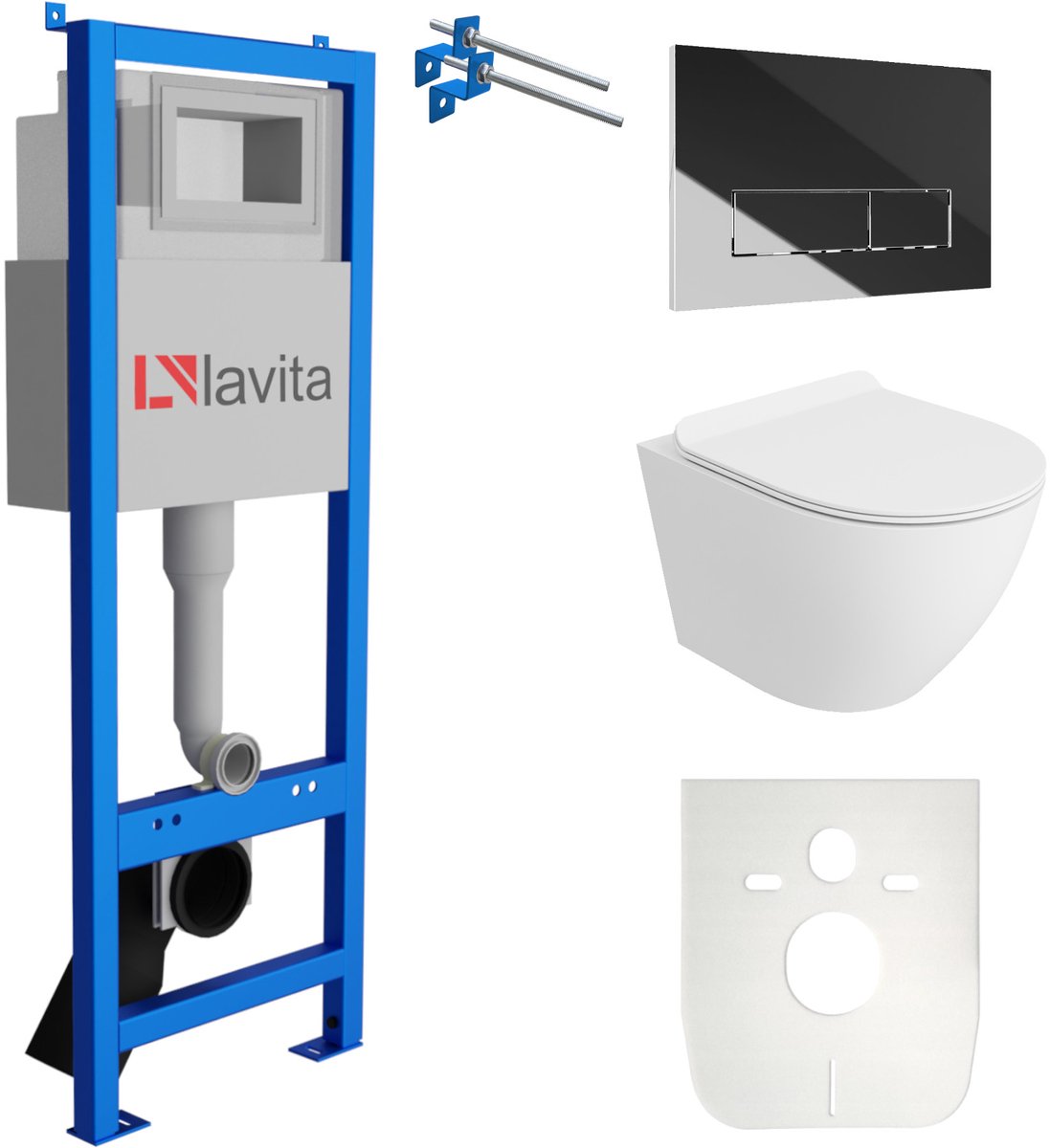 LAVITA® Inbouwreservoir Complete Toiletset LAV 101 - Inbouw WC Hangtoilet Wandcloset SOFI SLIM WHITE MAT - Bedieningsplaat 200.3.2 Chroom - Voorwandelement voor toilet 40cm - Installatiesysteem