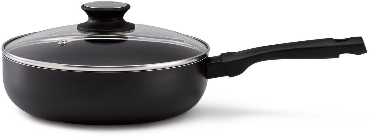 KitchenFun Salsa Non-Stick Hapjespan / Skillet Ø 24cm – incl. Glazen deksel - Inductie geschikt- lichtgewicht Aluminium- Dubbele Anti-aanbaklaag – Hitte werende soft touch greep - Ergonomisch – Zwart