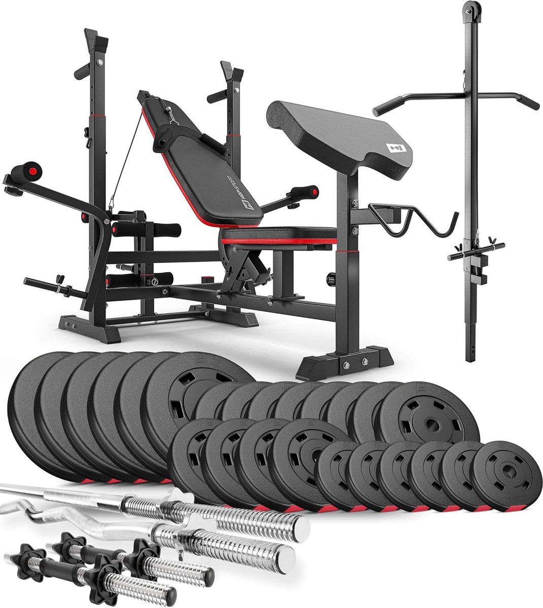 Hop-Sport HS-1075 – Halterbank verstelbaar – Krachtstation met haltersteunen – Halterstang en curlstang – Halterset 135 kg