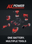 Compositie van 8 FERM gereedschappen en accu's met de tekst 'ONE BATTERY, MULTIPLE TOOLS'.
