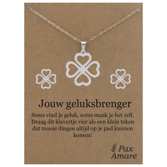 Stainless Steel Klavertje Vier Ketting + Oorbellen Setje op Cadeau Kaartje - Jouw geluksbrenger - 45 cm ketting & ± 10x10mm Oorknopjes - Zilverkleurig Roestvrij Staal - Pax Amare