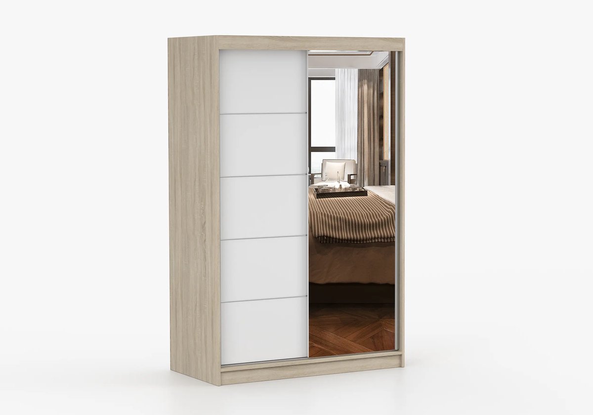 Schuifdeurkast NOAH 05 – 2-deurs kledingkast met spiegel, legplanken en kledingroede – modern design – 120x200x61 cm - NOAH 05 (Sonoma + Wit)