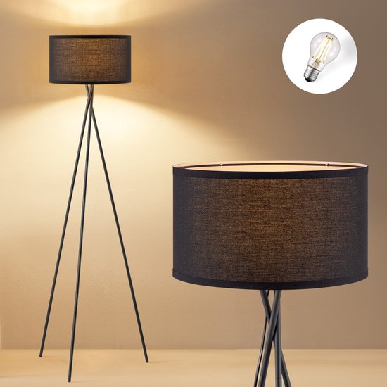 Home Sweet Home - Lampadaire Moderne - Abat-jour en Tissus Noir et Lampe sur Pied en Métal - 53/53/138 cm - Avec Source de Lumière LED E27 9W 806Lm - Pour Salon et Chambre - Avec Interrupteur au Pied