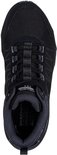 Zwarte wandelschoenen, van bovenaf gezien, met grijze veters en details. Tekst op binnenzool: SKECHERS AIR COOLED GOGA MAT.