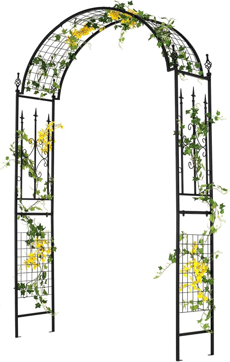 COSTWAY Rozenboog van metaal, tuinboog voor klimplanten, rozenrooster met 4 grondpalen, poortboog, klimhulp, rankboog voor achtertuin, bruiloft, feest, 143 x 40 x 234 cm