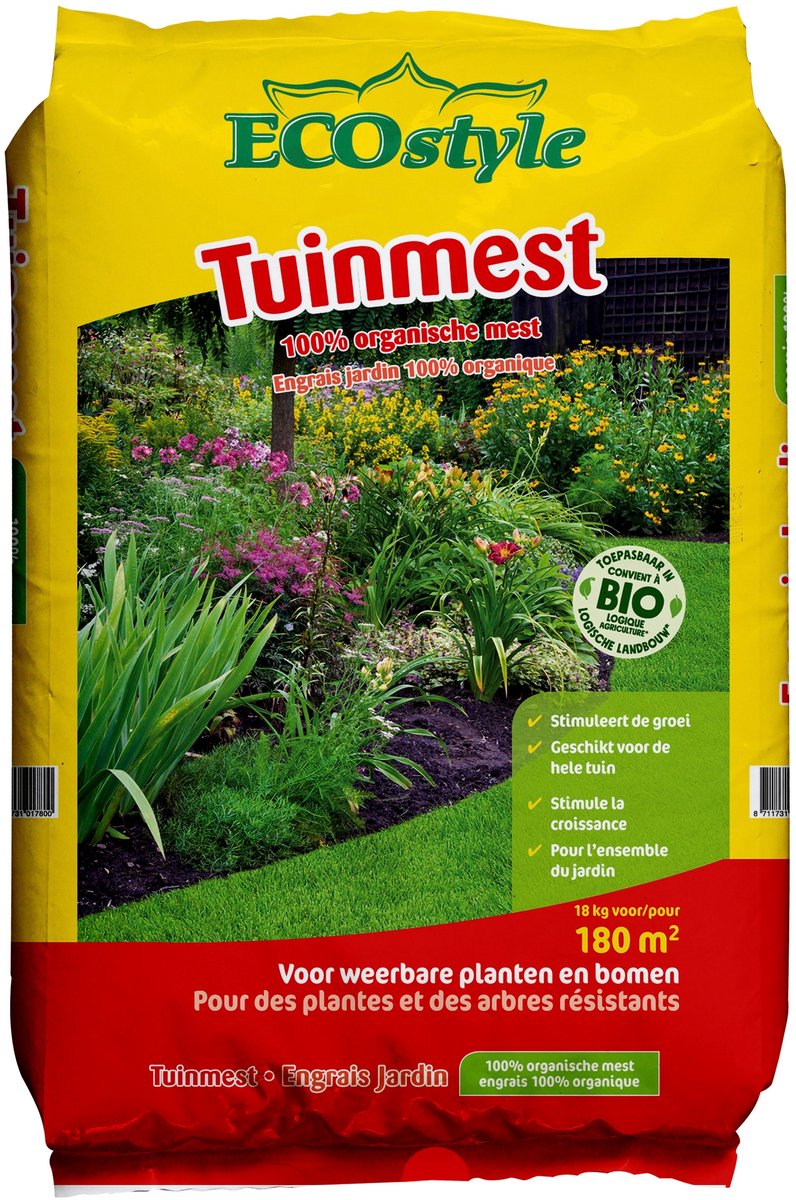ECOstyle Tuinmest Organische Meststof - Border & Siertuin - Natuurlijke Meststof Gazon - 120 Dagen Voeding- 180 M² - 18 KG
