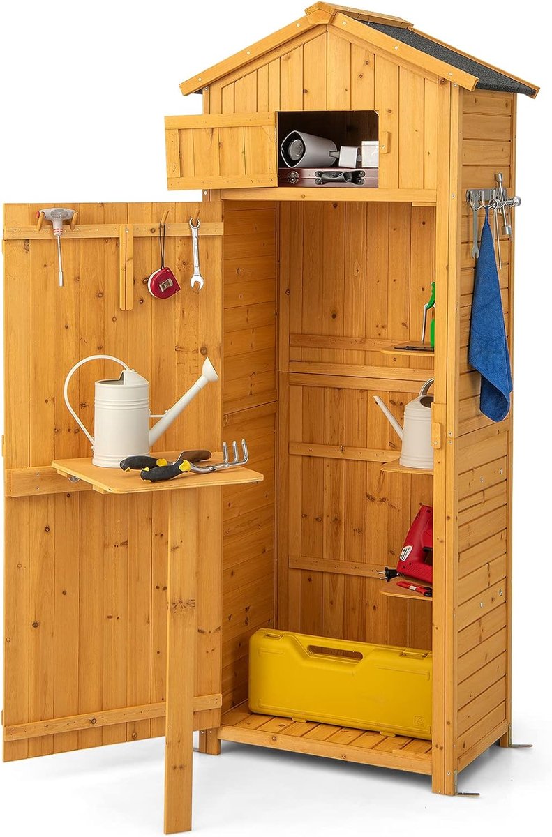 COSTWAY Tuinkast van hout, weerbestendig, gereedschapsschuur met inklapbare tafel en deur & 8 haken, houten schuur met zadeldak, gereedschapskast, tuinschuur, voor tuin, terras, binnenplaats, natuur