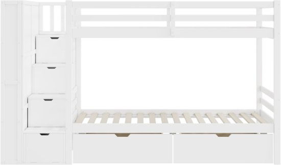 Moimhear Stapelbed met trap, raam en plank, frame van massief grenen, kinderbed met 3 vakken op de trap, met valbarrière, wit, 90 x 200 cm