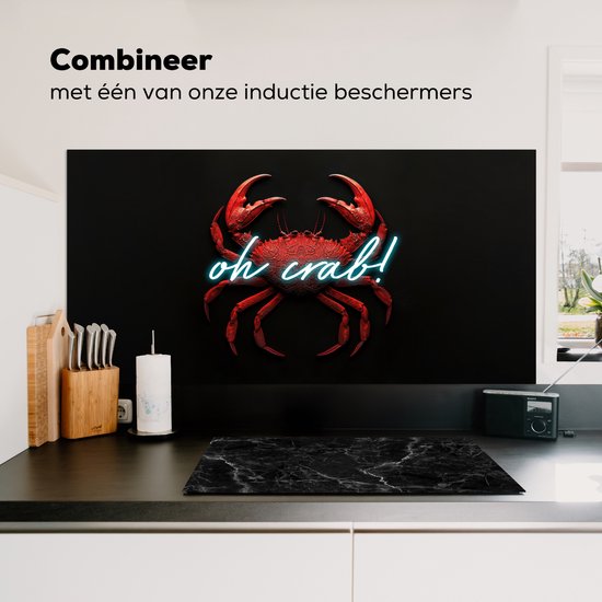 Crédence de Cuisinière en Aluminium 120x60 cm - Crabe - Rouge - Néon - Citation - Écran Pare-éclaboussures pour Plaque de Cuisson - Protection Murale