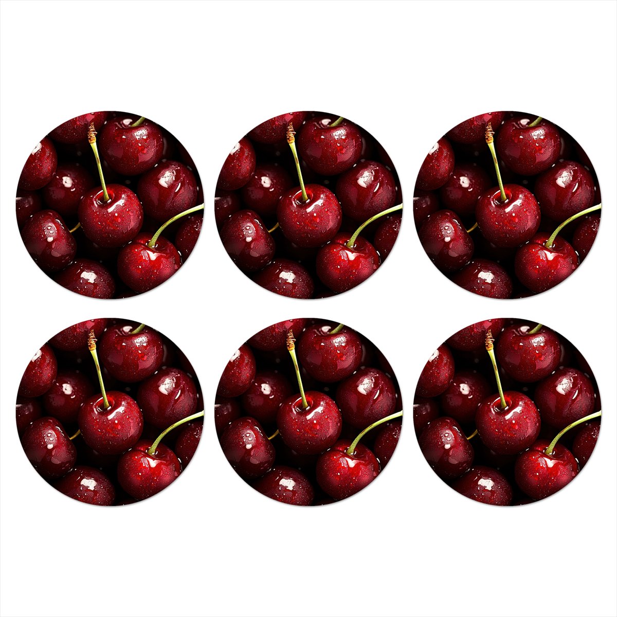 Onderzetters voor glazen - Rond - Rood - Fruit - Kersen - 10x10 cm - Glasonderzetters - 6 stuks