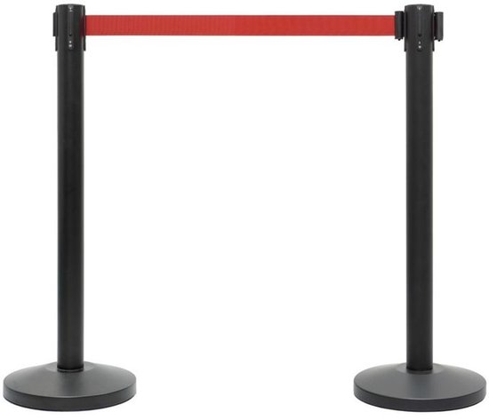 Poteau de barrière avec sangle de traction - Poteaux de barrière noirs avec ruban rouge - 200 cm
