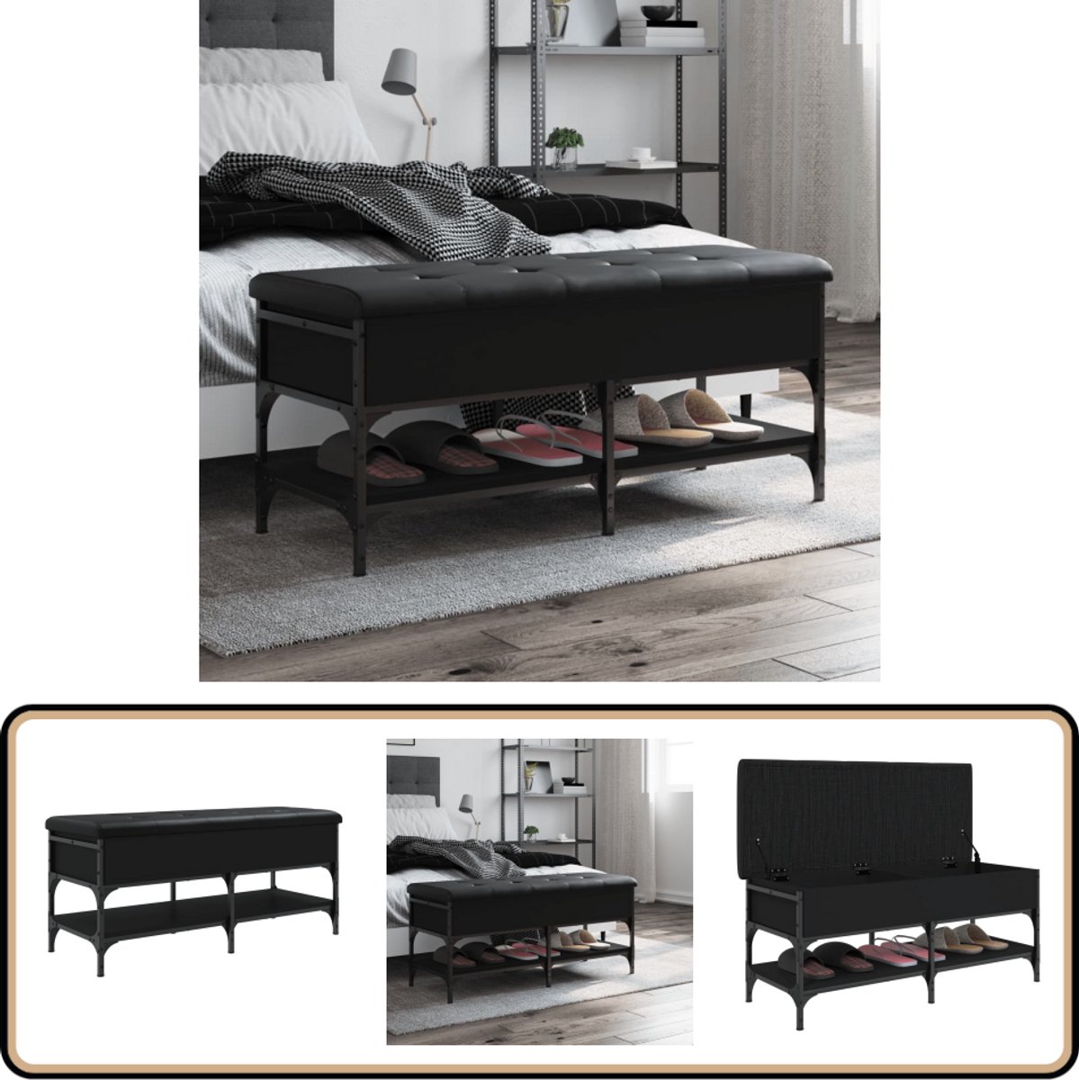 vidaXL Schoenenbank - 102x42x45 - cm - bewerkt - hout - zwart