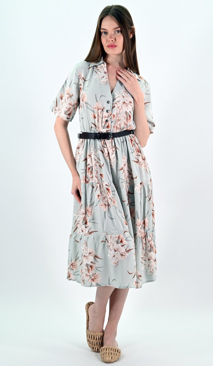 YesMooi - Midi Blousejurk met Bloemenprint en Ceintuur - M (38) - Grijsblauw