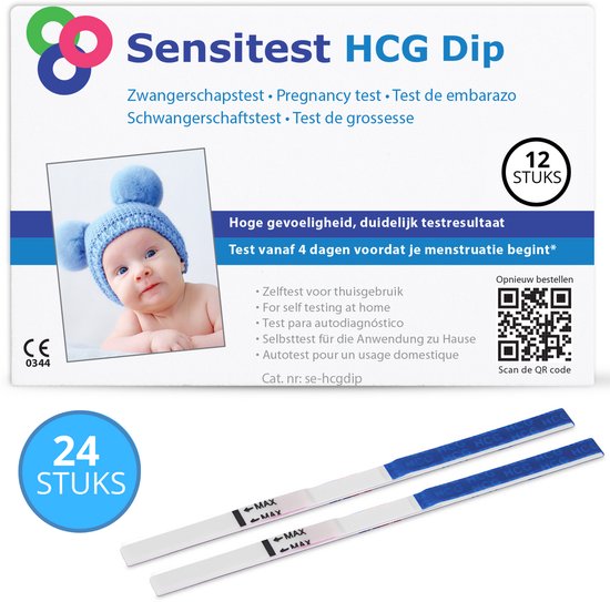 Sensitest Zwangerschapstest Dipstick – 24 stuks – 25 mIU/ml – Test vanaf 4 dagen vóór menstruatie – Uitslag in 5 minuten – Inclusief handleiding & zwangerschapskalender
