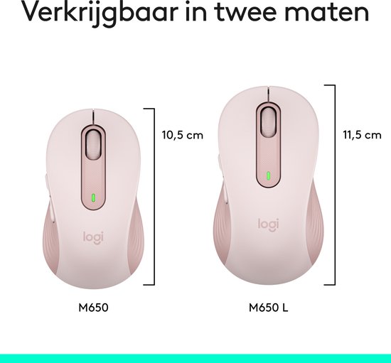 Twee roze Logitech M650 muizen, een van 10,5 cm en een grotere L van 11,5 cm.