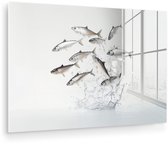 MuchoWow® Glasschilderij 90x60 cm - Schilderij acrylglas - Vissen - Water - Wit - Foto op glas - Muurdecoratie woonkamer - Wanddecoratie slaapkamer - Schilderijen