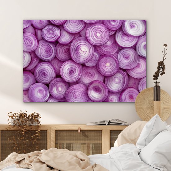 Aluminium schilderij 90x60 cm - Wanddecoratie metaal - Paars - Uien - Close up - Metalen muurdecoratie woonkamer - Decoratie industrieel - Foto op dibond - Industriële accessoires slaapkamer