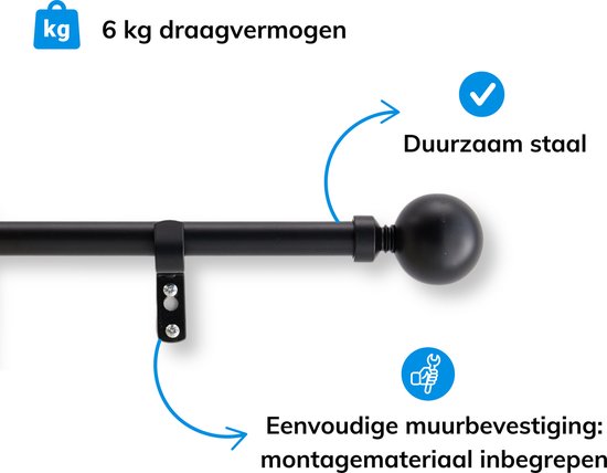 ACAZA Gordijnroede - Gordijnrail - Gordijnroede uitschuifbaar - Gordijnstang 90 - 170 cm - Zwart