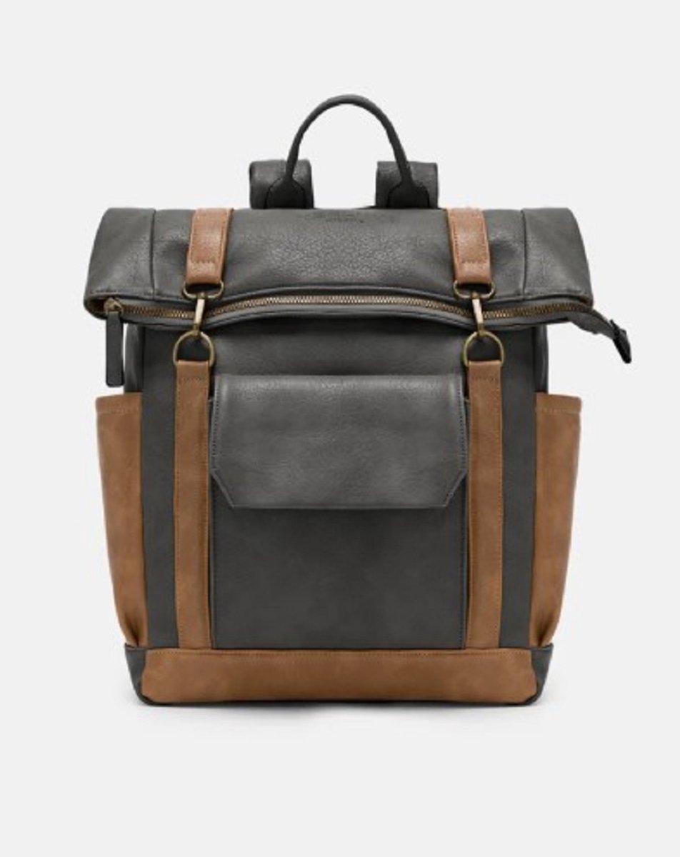 Herling - Rugzak - Reizen - Wandelen - School - Quinlan - Unisex - Vintage stijl - Antraciet Grijs/Koffie Bruin - Hoogwaardig Pu leder