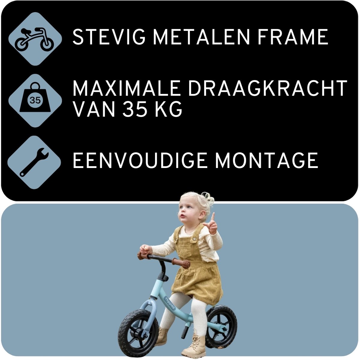 Hippiez Metalen Loopfiets Worker Old Blue vanaf 2 jaar - Blauwe Loop Fiets - Verstelbaar Zadel en Stuur - Voor Jongens - Compact en Veilig - Lage Instap — afbeelding 6